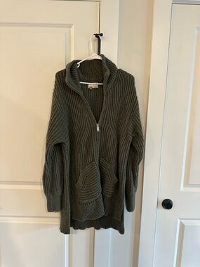 Free People Olive Green Zip-Front Chunky Knit Sweater